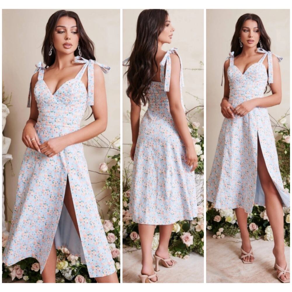 Lavish Alice NWT ARIA Pleated Tie Strap Midi Dress Blue Floral Size 10 Pinup